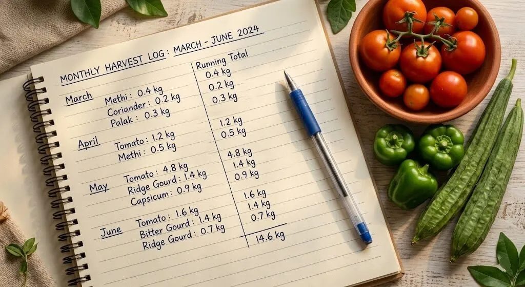 Harvest log notebook showing monthly records from March to June 2024 — methi, coriander, palak, tomatoes, capsicum, ridge gourd totalling 14.6 kg with running total visible