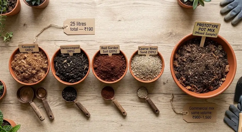 Four containers showing cocopeat 40%, vermicompost 30%, garden soil 20%, coarse sand 10% with measuring proportions, total cost label Rs 190 for 25 litres