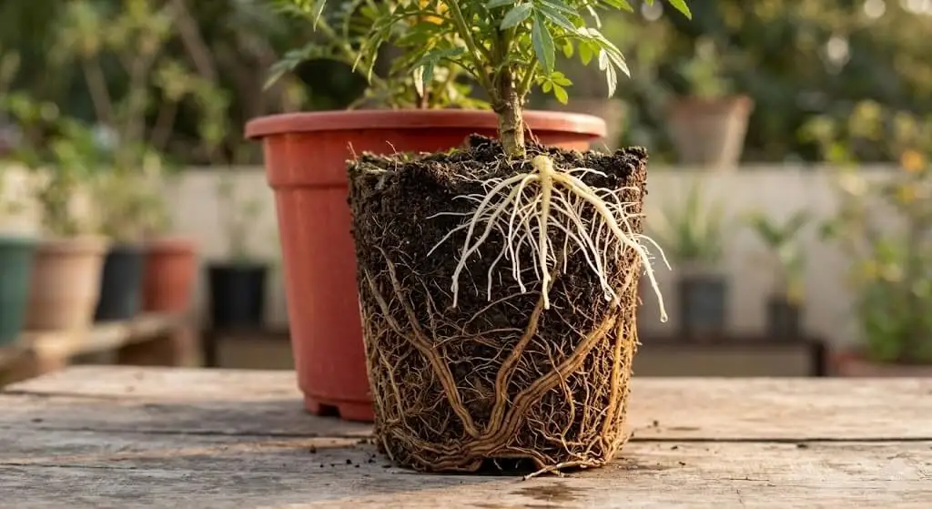 Container plant drainage failure recovery showing new white firm healthy root growth alongside partially brown older roots after hydrogen peroxide treatment