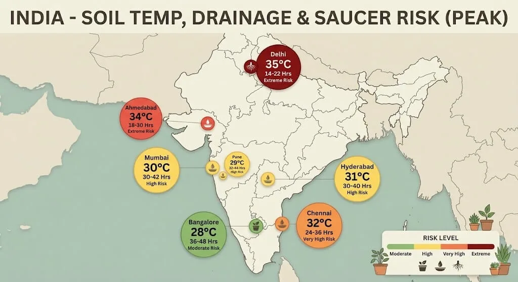 India map showing drainage failure to root rot timeline by city from Bangalore 36-48 hours to Ahmedabad Delhi extreme 14-22 hours Indian summer