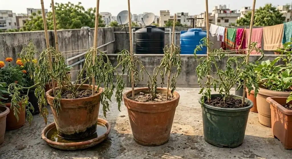Three containers side by side showing soil moisture differences between drainage failure wet saucer versus heat stress dry soil versus overwatering moist draining