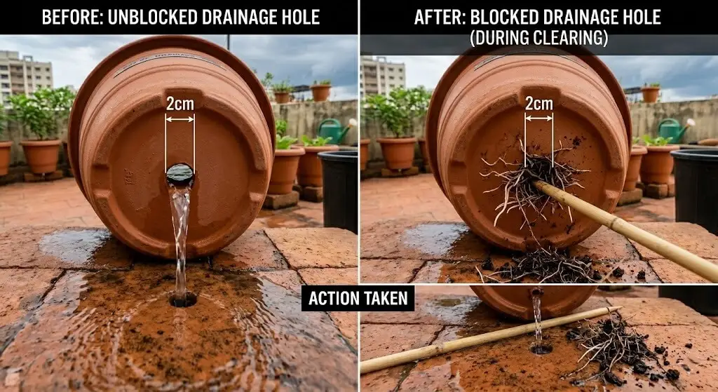 Split close-up of two container bases. Left: clear 2cm diameter drainage hole — water would flow freely. Right: same size hole with white root tips growing through it, partially blocked. Bamboo skewer being inserted to clear the blocked hole. Clear before/after documentation.
