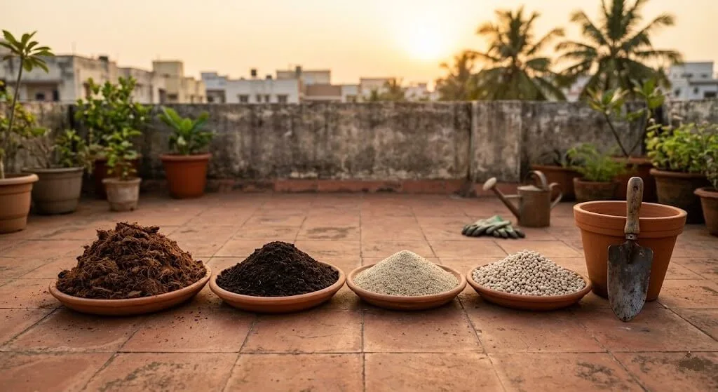 Four drainage-safe potting mix components cocopeat vermicompost coarse sand perlite arranged for mixing Indian summer container garden
