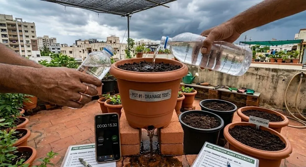 Indian hands pouring exactly 500ml water into a 12-inch terracotta pot from a marked bottle. A digital stopwatch visible beside the pot showing counting. The drainage hole visible from the side or slightly below — water flowing freely. This is the primary pre-monsoon audit action. Clear documentation style.
