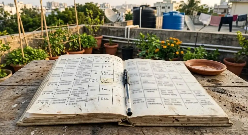 Gardening notebook drainage test data May 2023 Madanapalle showing saucer container no outflow versus elevated same container 45 seconds outflow