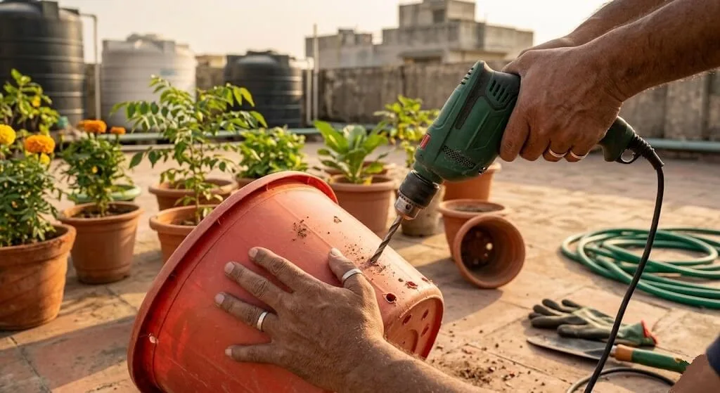Indian gardener drilling additional 8mm drainage holes in plastic container base perimeter emergency drainage failure fix Indian summer terrace
