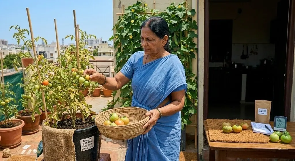 Indian woman harvesting green 60% maturity tomatoes before heat wave — bringing indoors to ripen