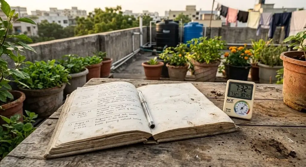 Gardening notebook summer edema observation data April to June 2023 Madanapalle showing morning watering zero edema evening watering consistent edema