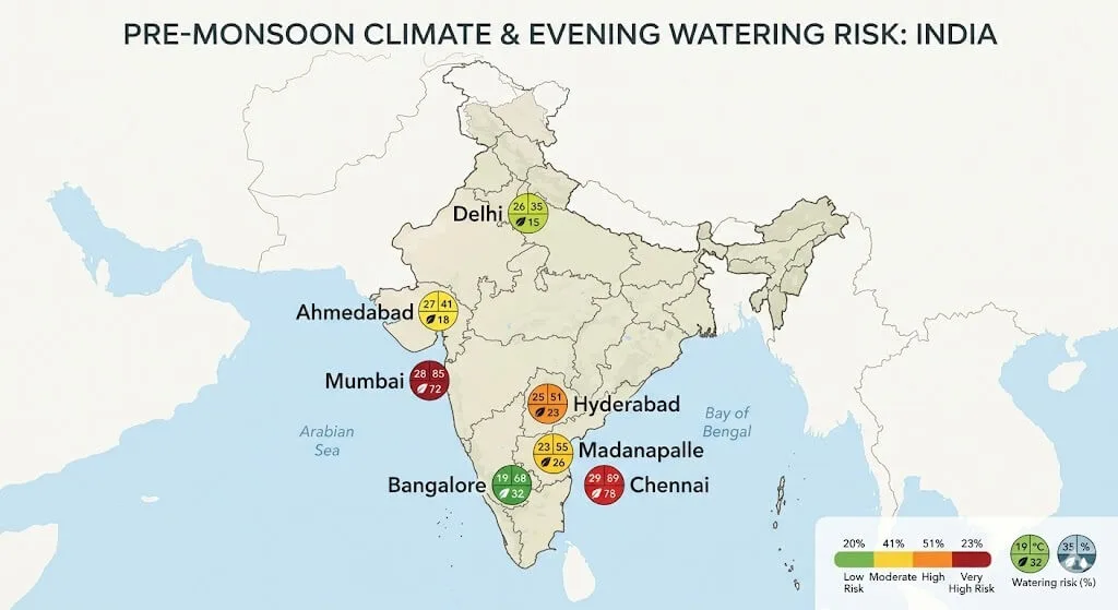 India map showing summer edema risk by city April May pre-monsoon Mumbai Chennai very high Bangalore moderate based on overnight humidity and temperature
