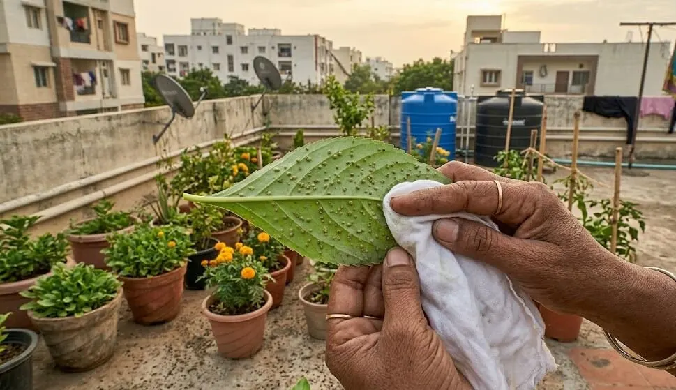Indian gardener wiping balsam leaf underside with damp white cloth showing edema bumps do not transfer confirming edema not powdery mildew