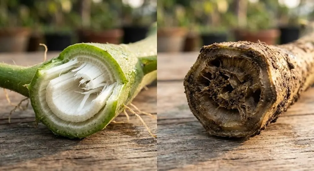 The most dramatic and irreversible sign of wind damage: a plant stem that has snapped, bent severely, or developed a pronounced lean at the soil line, with the break showing fibrous pulled-apart tissue rather than brown, mushy rot. This is aerodynamic fatigue failure — the stem has been repeatedly bent beyond its elastic limit by sustained wind loading, and the vascular tissue at the base has progressively failed over 24 to 72 hours before the visible break occurs.