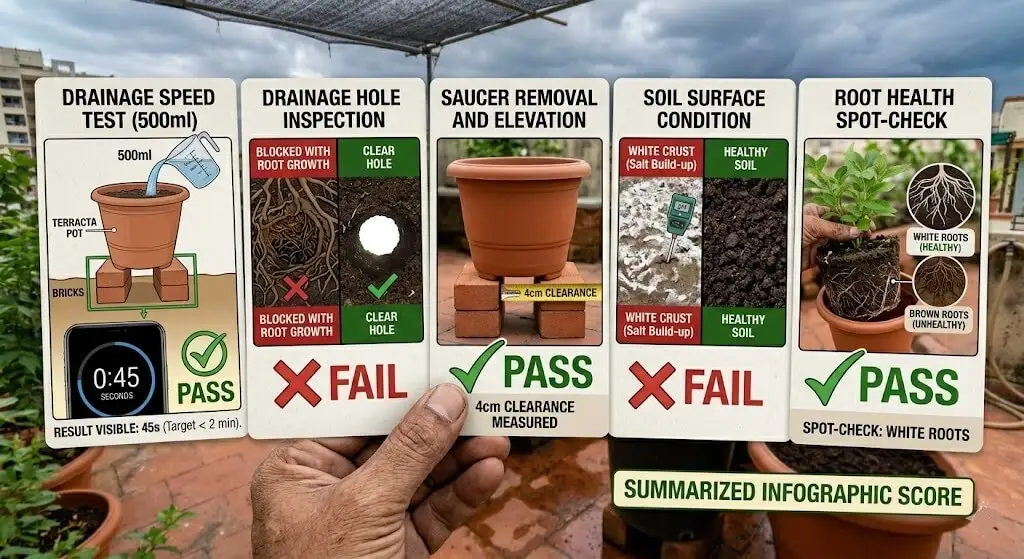 A clean printed checklist aesthetic showing the 5 audits as cards: 1. Drainage speed test (500ml, stopwatch result visible). 2. Drainage hole inspection (clear hole vs blocked with root growth). 3. Saucer removal and elevation (container on bricks, 4cm clearance measured). 4. Soil surface condition (white crust vs healthy soil). 5. Root health spot-check (white roots vs brown). Each with pass/fail indicator.