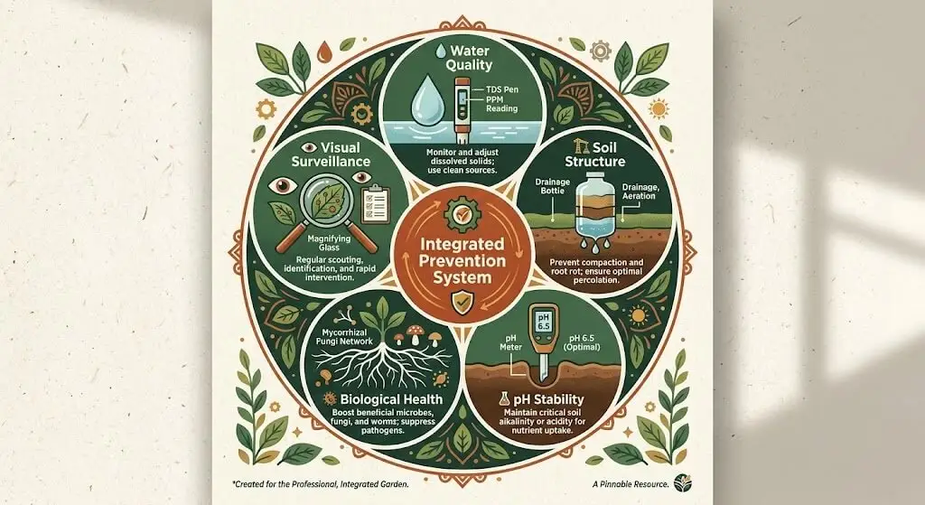 5-pillar integrated prevention system diagram — Water Quality, Soil Structure, pH, Biology, Visual Surveillance