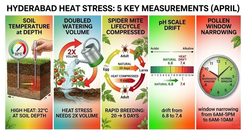 Five-quadrant infographic showing the 5 simultaneous changes in Indian April-May container gardens
