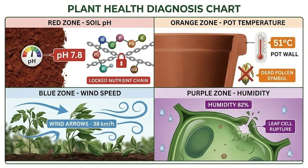 Diagram showing four simultaneous container garden problems on Mumbai high-rise balcony — pH drift, heat stress at west wall, wind amplification, edema from humidity
