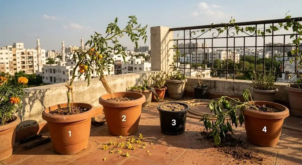 Four wind damage symptoms Indian high-floor terrace stem snap flower drop accelerated soil drying container toppling all caused by wind