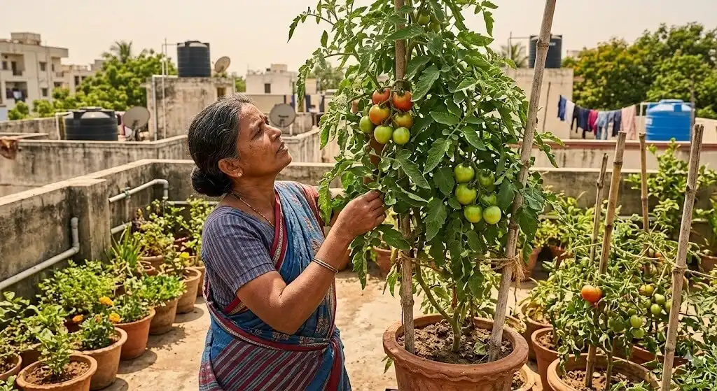 Indian gardener performing 1 PM fruit orientation inspection looking for clear sky path between tomato fruit cluster and afternoon sun