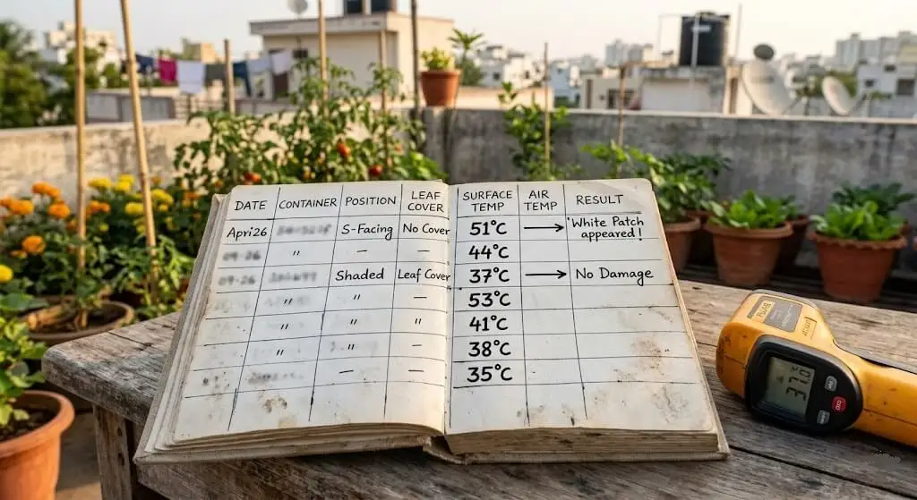 Gardening notebook fruit surface temperature measurements June 2023 Madanapalle showing 51 degrees exposed black pot versus 37 degrees shaded terracotta