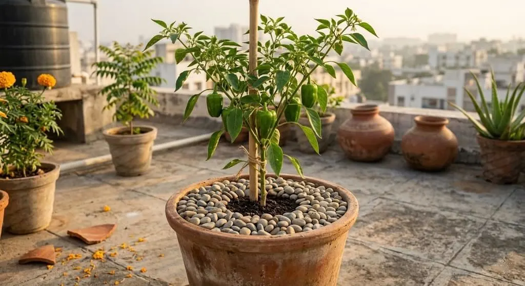 2cm layer river gravel mulch on established container plant Indian terrace anti-latrine permanent barrier also reduces surface evaporation summer