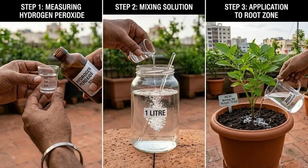 Close-up of Indian hands measuring 3ml of 3% hydrogen peroxide from a standard pharmacy brown bottle into a measuring cup, then mixing into 1 litre of water. The 300ml application being given to a terracotta container root zone in morning light. Clear practical documentation.