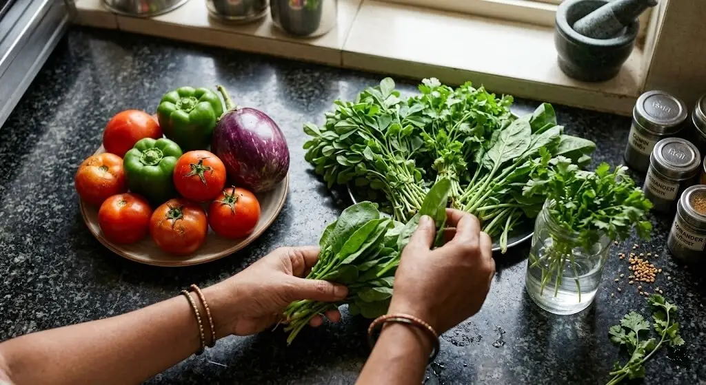 Indian woman sorting morning terrace harvest into two groups climacteric fruits counter non-climacteric herbs water glass Indian kitchen