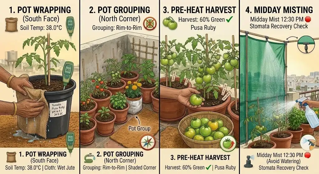 Eight-step heat wave protocol illustrated — wet jute wrap, container grouping, early harvest, leaf misting 