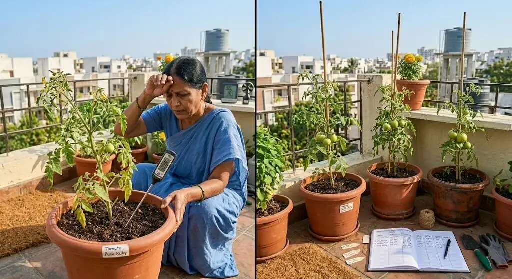 Two tomato containers during June 2023 Madanapalle heat wave — one wilting despite adequate moisture, soil temp reading 38°C