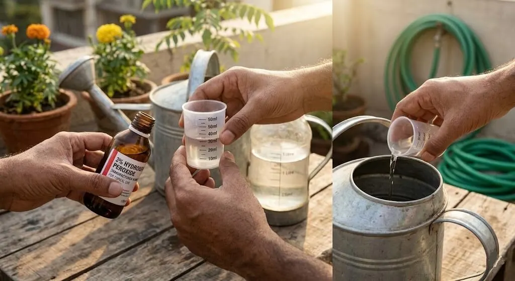 Indian gardener mixing hydrogen peroxide 3 percent pharmacy grade 30ml into 1 litre water for root zone oxygenation treatment drainage failure