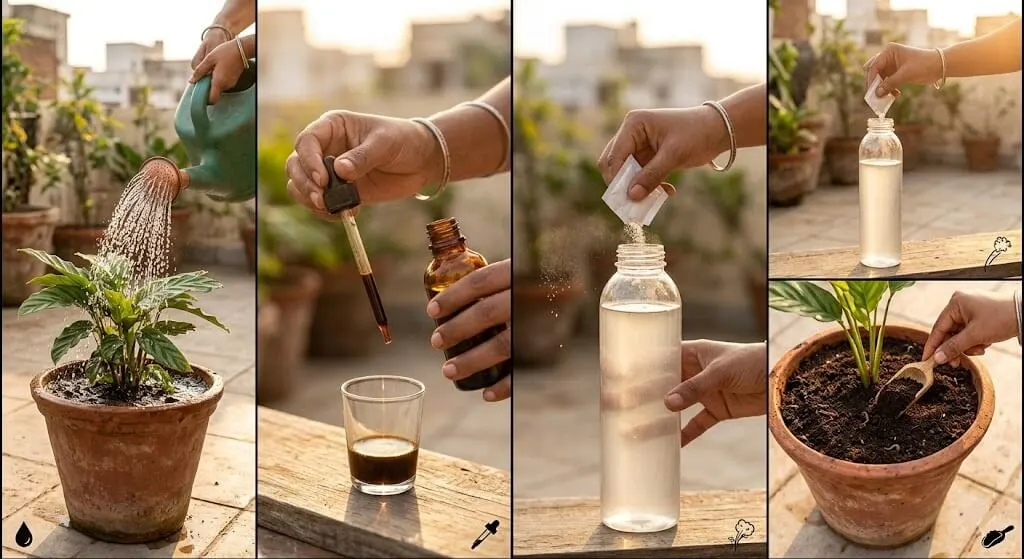 8-step integrated flush protocol — rose-head watering can pouring slowly into terracotta container on Indian terrace