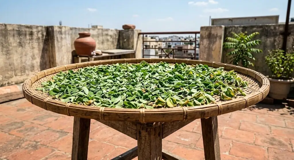 Fresh methi leaves spread on cane mesh drying tray Indian summer terrace 40°C sun drying for kasuri methi 3 days 4-6 months storage