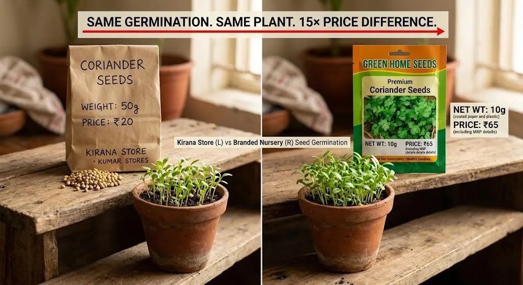 Side by side — 50g loose coriander seeds from kirana store Rs 20 versus 10g packaged nursery coriander seeds Rs 65, both with germination rate comparison showing similar results