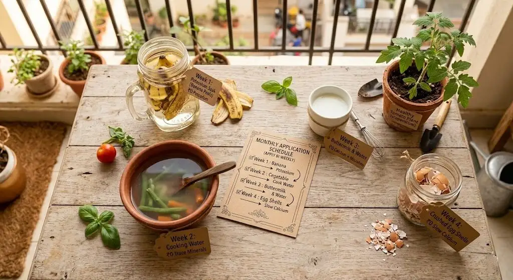 Four weekly kitchen waste fertility items — banana peel liquid jar, vegetable cooking water, buttermilk dilution, egg shell powder — arranged with a monthly calendar showing application schedule