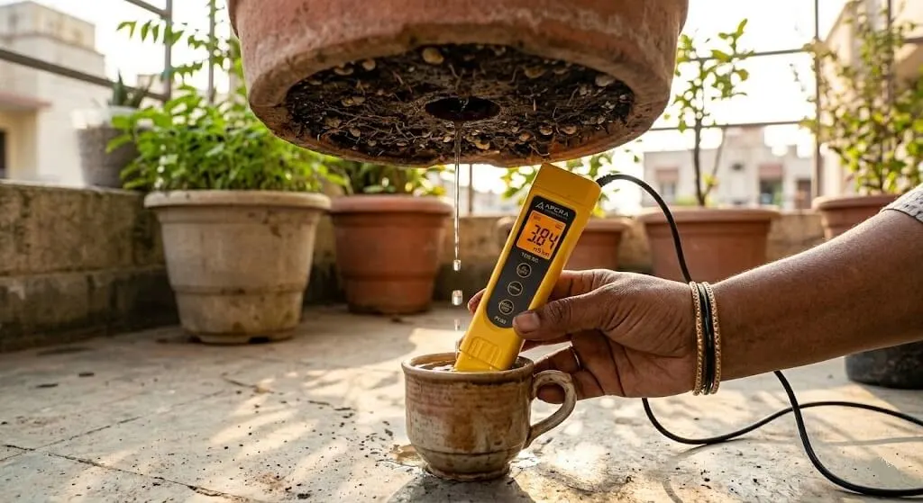 Leachate EC test — collecting container drainage water in cup after watering, TDS pen measuring 3.84 mS/cm