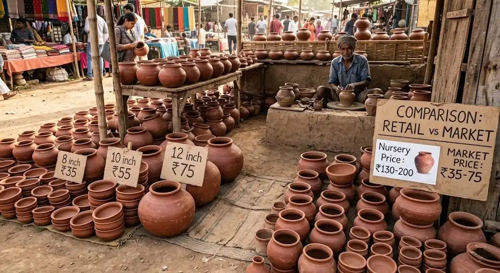 Local pottery market in Bangalore with rows of unglazed terracotta pots in various sizes, price tags showing 8-inch Rs 35 and 12-inch Rs 75, seller in background