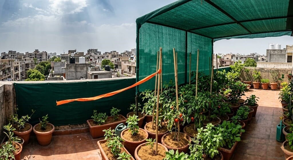 70% shade cloth installed vertically on Delhi terrace south parapet, containers clustered in north half, coarse coir mulch visible on pot surfaces, cotton ribbon wind indicator extended horizontally