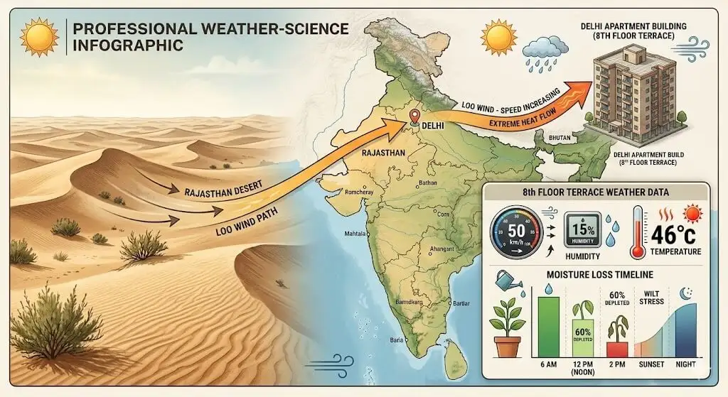 Diagram showing loo wind arriving from Rajasthan desert at 44-48 degrees C, 15% humidity, hitting 8th floor terrace at 50 km/h, stripping moisture from containers in 4-5 hours