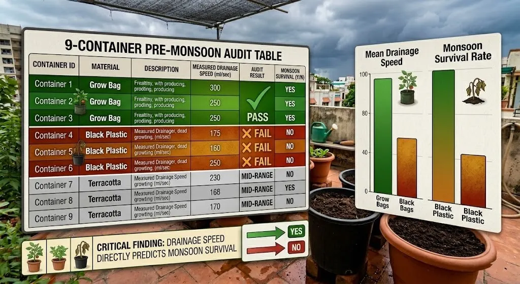 Clean data visualisation of the 9-container audit table. Grow bag row highlighted green (best drainage). Black plastic containers highlighted amber/red (worst drainage). The pattern made visually clear: drainage speed directly predicts monsoon survival.