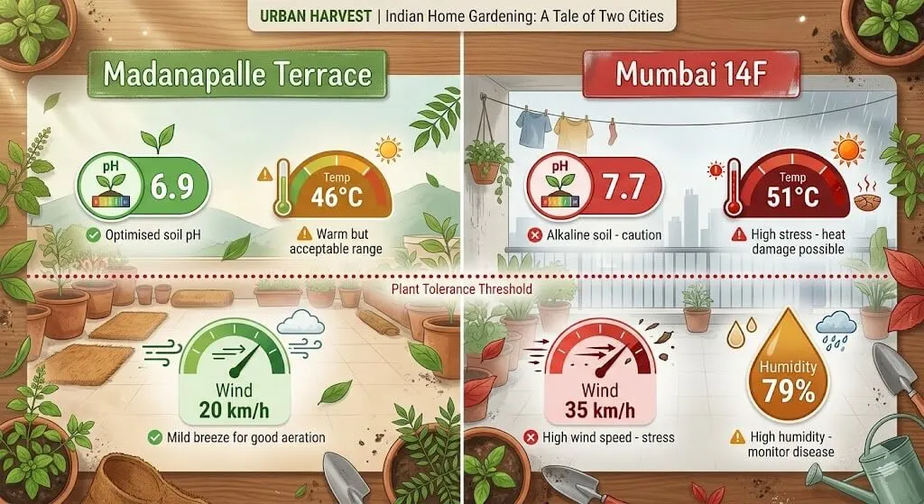 Side-by-side comparison of Madanapalle terrace and Mumbai 14th floor balcony showing pH, temperature, wind, and humidity differences with intervention thresholds marked