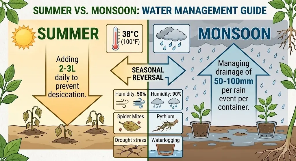 Clean split diagram. Left side (SUMMER): arrow pointing down "Adding 2-3L daily to prevent desiccation." Right side (MONSOON): arrow pointing up "Managing drainage of 50-100mm per rain event per container." Middle: a clear reversal arrow. Additional small panels: humidity 50% ? 90%, spider mites ? Pythium, drought stress ? waterlogging.