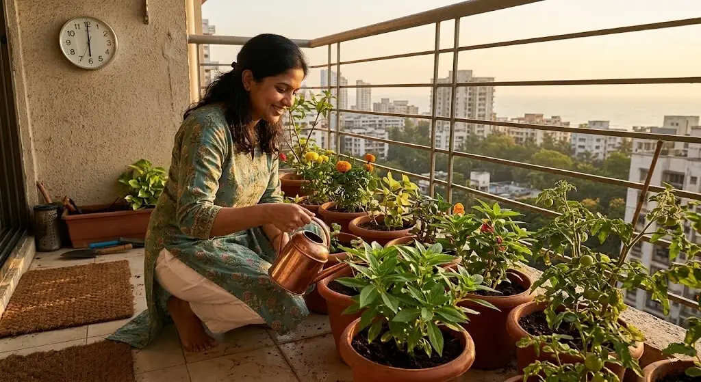 Indian woman watering balcony containers at 6 AM, clock showing 6:00 on wall, morning golden light, smooth healthy new growth on balsam plant in foreground showing no edema