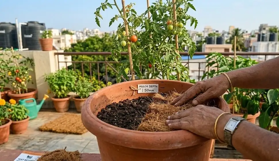50mm coarse coir mulch being applied to container surface during April transition 