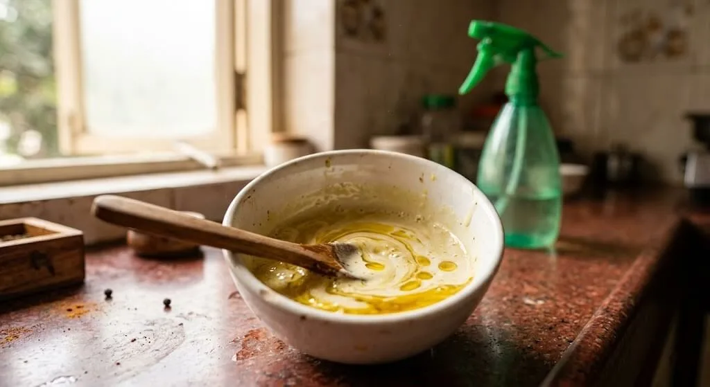 Neem oil emulsification with castile soap — creamy mixture forming in small bowl before adding to spray bottle