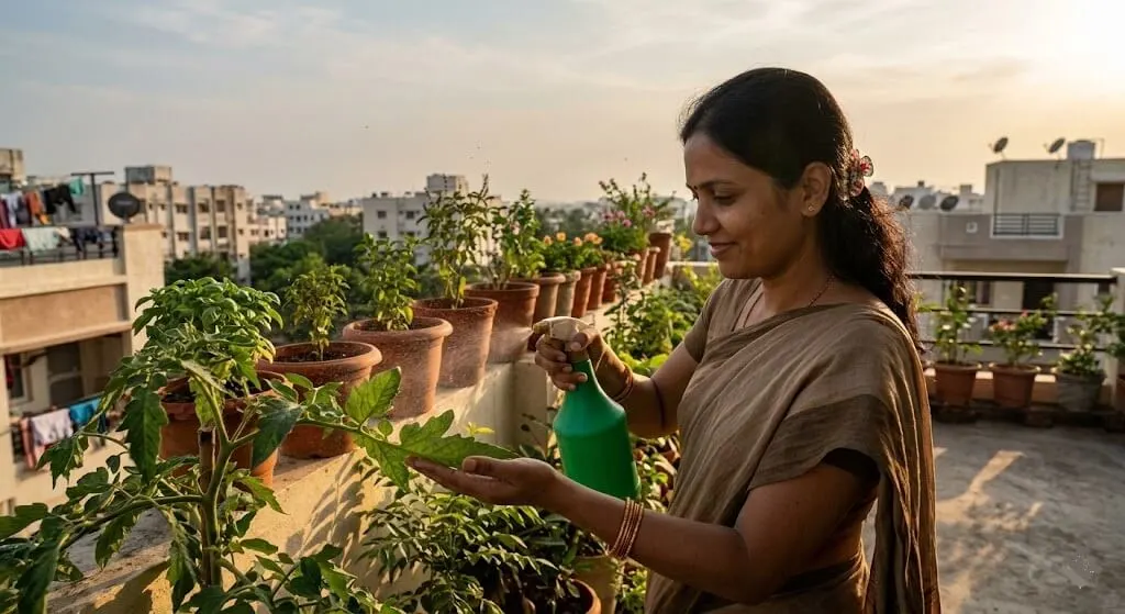 Indian woman applying neem oil spray to leaf undersides at 6 PM on apartment balcony — correct evening technique