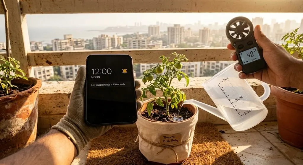 Smartphone showing noon alarm labelled LOO SUPPLEMENTAL WATER, watering can beside plant with 200ml marked measurement, Delhi afternoon haze visible through balcony, anemometer showing 48 km/h
