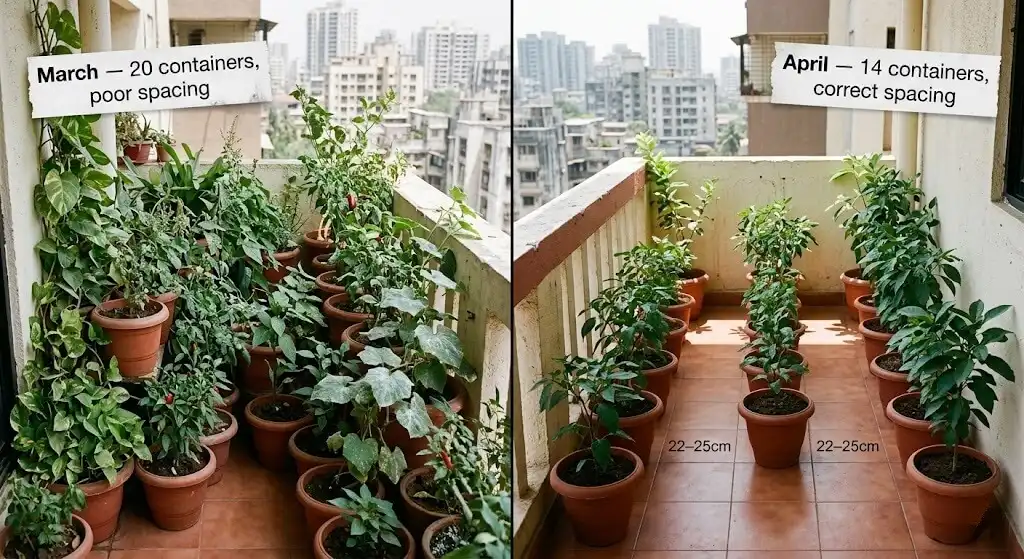 Before and after balcony layout — left showing overcrowded containers touching each other, right showing same containers with 22-25cm spacing and improved air circulation