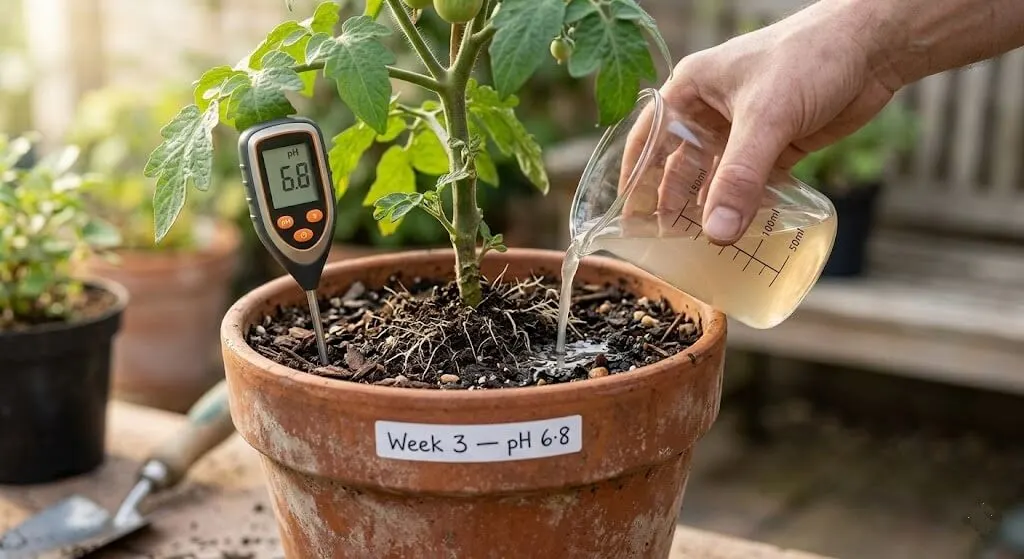 Glass jar containing ferrous sulphate and citric acid solution being poured into terracotta container at roots of tomato plant, pH meter showing 6.8 in foreground