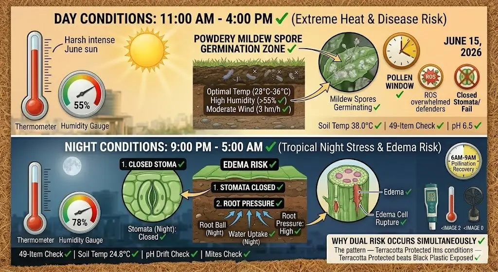 Infographic showing June dual risk — powdery mildew from daytime 50% humidity + edema from night 80% humidity