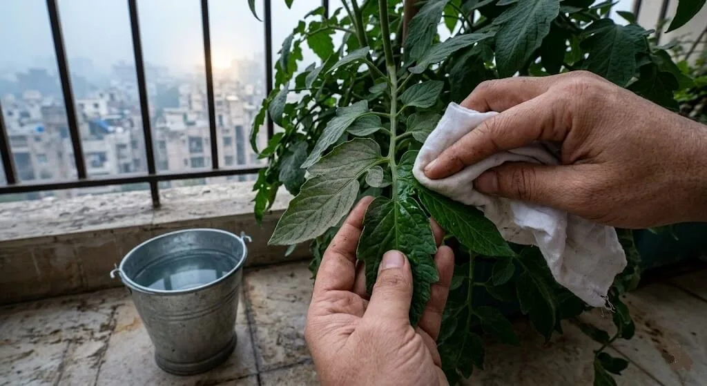 Hands washing tomato plant leaves with soft cloth and clean water, left leaf unwashed showing grey PM2.5 film, right leaf freshly washed showing healthy dark green, Delhi hazy sky visible