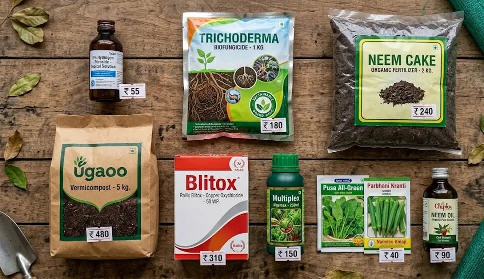 Neat flat lay: 3% hydrogen peroxide pharmacy bottle, Trichoderma biofungicide packet, neem cake bag, Ugaoo vermicompost, Rallis Blitox Copper Oxychloride box, Multiplex Algamax bottle, palak seed packet, bhindi seed packet, Chipku neem oil. All clearly labelled with price tags.