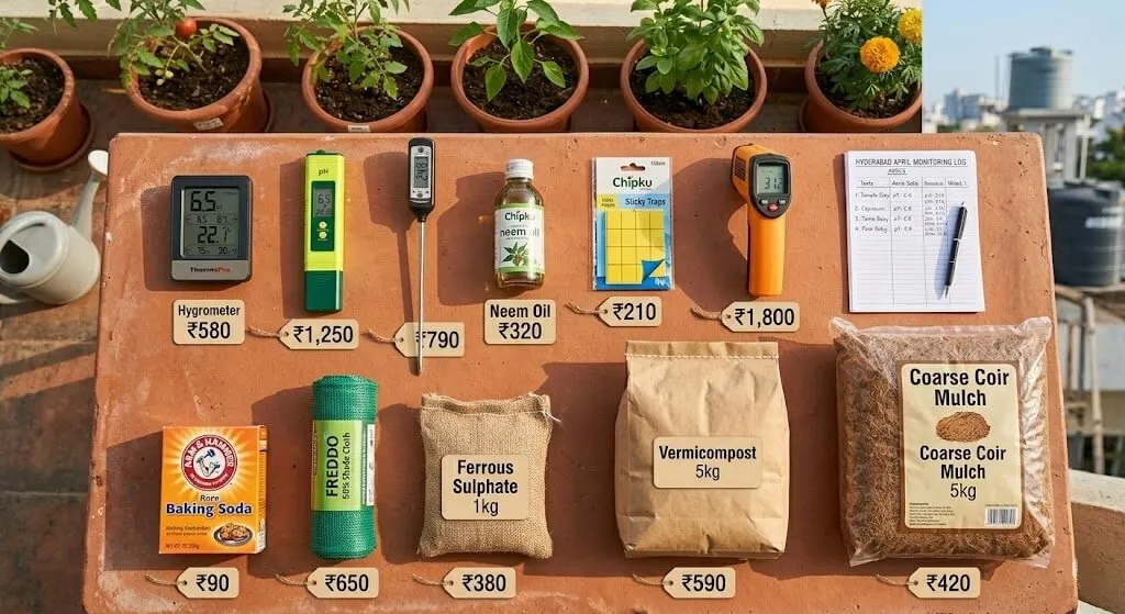 All April-May transition kit products arranged flat — pH meter, thermometer, neem oil, shade cloth, ferrous sulphate 